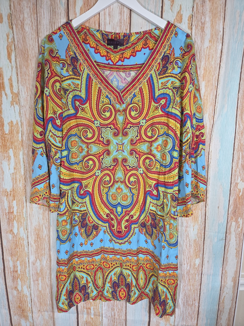 Hale Bob Bright Blue Multicolor Paisley V-Neck Tunic Boho. 100% Cotton. Size L